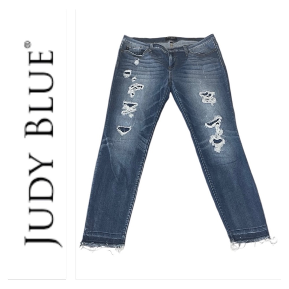 Judy Blue Skinny Fit Jeans Patched Destruction Ripped Raw Fray Hem Sz 15/32 x 29